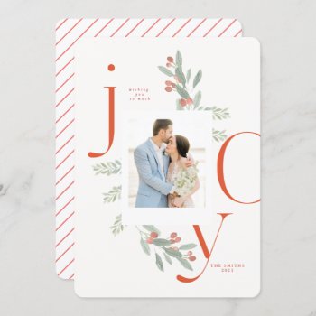 Red Joy Wreath Christmas Photo Card by blush_printables at Zazzle