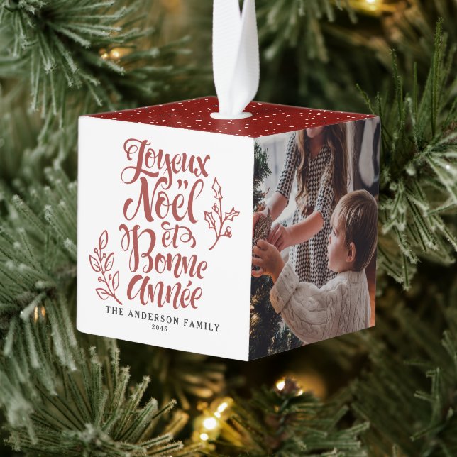 Red Joyeux Noël and Bonne Année Photo Cube Ornament (Tree)