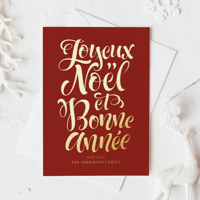 Red Joyeux Noël et Bonne Année Calligraphy Foil Holiday Card (Creator Uploaded)