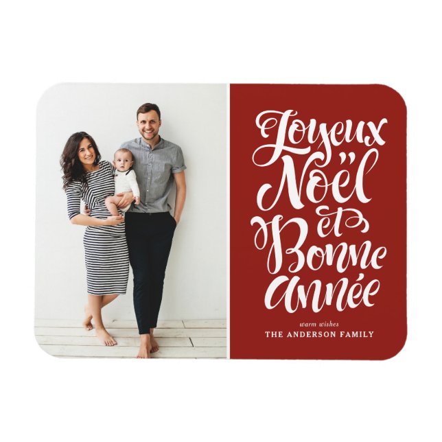 Red Joyeux Noël et Bonne Année Christmas Photo Magnet (Horizontal)