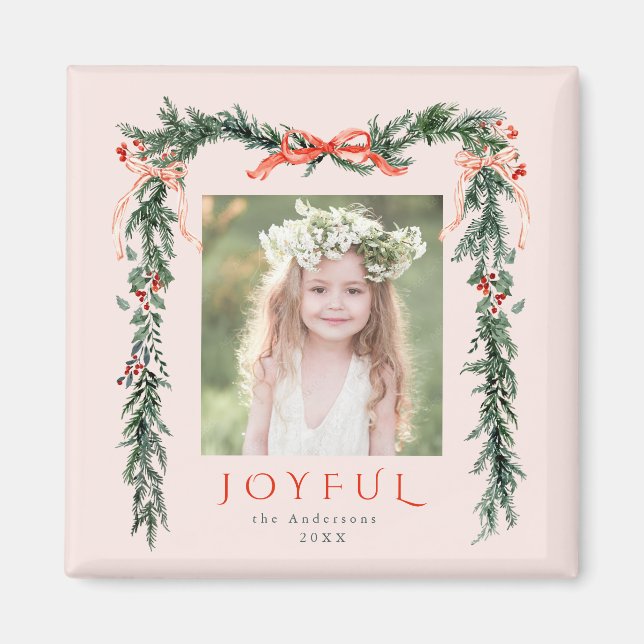 Red Joyful Christmas Frame Photo Pink Holiday Magnet (Front)