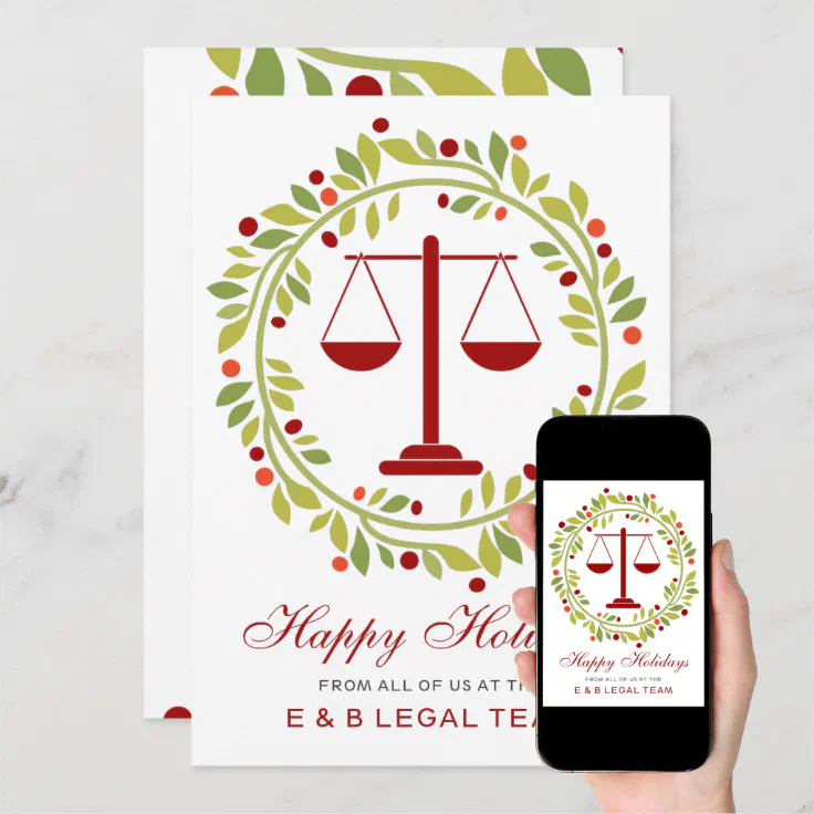 Red Justice Scale Holly Wreath Law Firm Christmas Holiday Card Zazzle