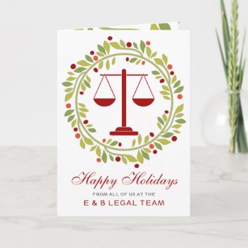Red Justice Scale Holly Wreath Lawyer Christmas Holiday Card by XmasMall at Zazzle
