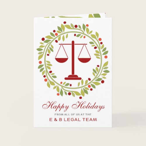 Red Justice Scale Holly Wreath Lawyer Christmas Holiday Card Red Justice Scale Holly Wreath Lawyer Christmas Holiday Card