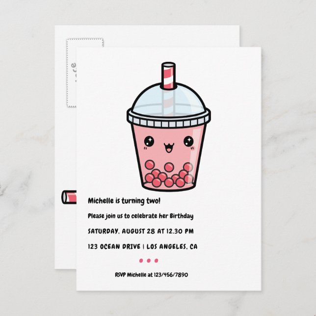 Red Kawaii Bubble Tea Birthday Party Postcard (Front/Back)