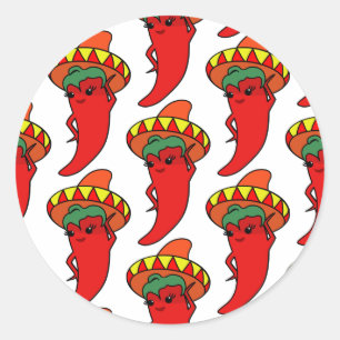 Red Kawaii Pepper Mexican Sombrero Classic Round Sticker
