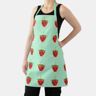 Red kawaii strawberry fruit on blue