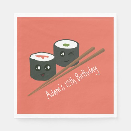 Red Kawaii Sushi Cute Custom Name  Age Birthday Napkins