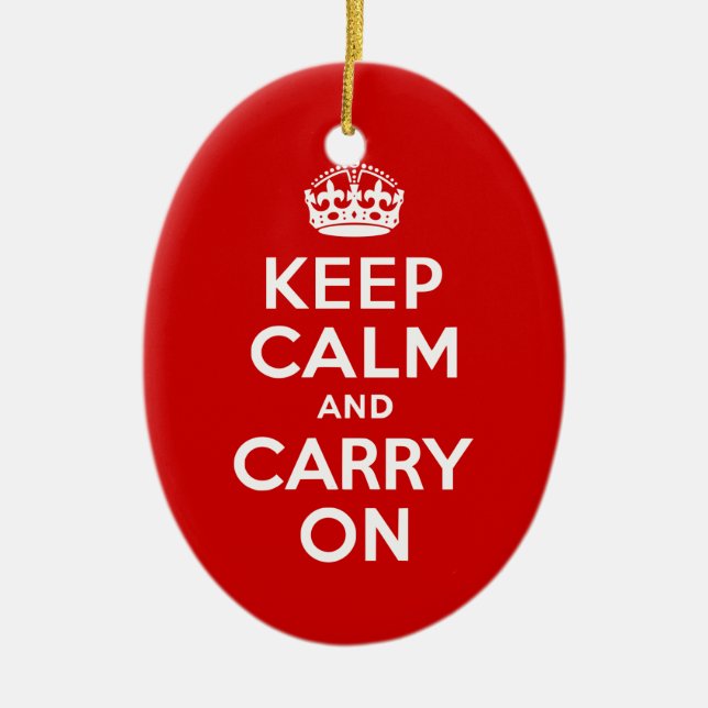 Red Keep Calm and Carry On Ceramic Ornament (Front)