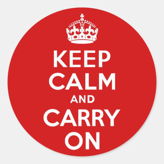 Red Keep Calm and Carry On Classic Round Sticker (Front)