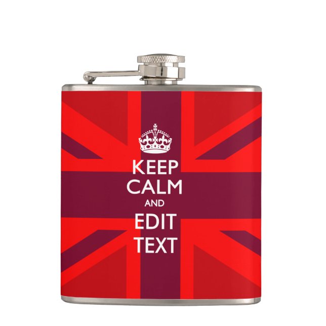 Red Keep Calm And Your Text on Union Jack Flag Flask (Front)