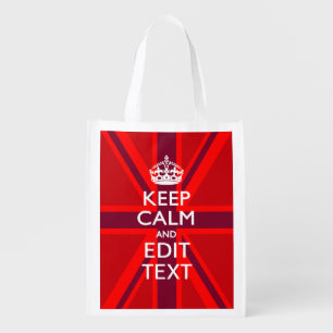 Red Keep Calm And Your Text on Union Jack Flag Reusable Grocery Bag
