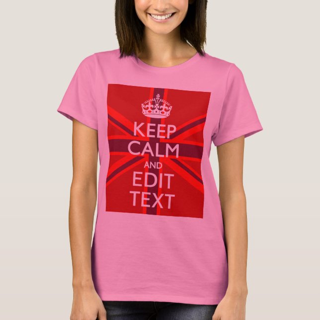 Red Keep Calm And Your Text on Union Jack Flag T-Shirt (Front)