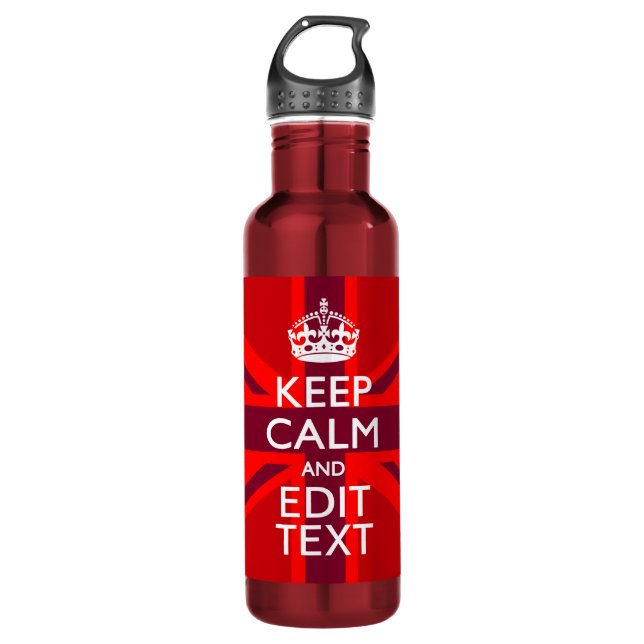 Red Keep Calm And Your Text on Union Jack Flag Water Bottle (Front)