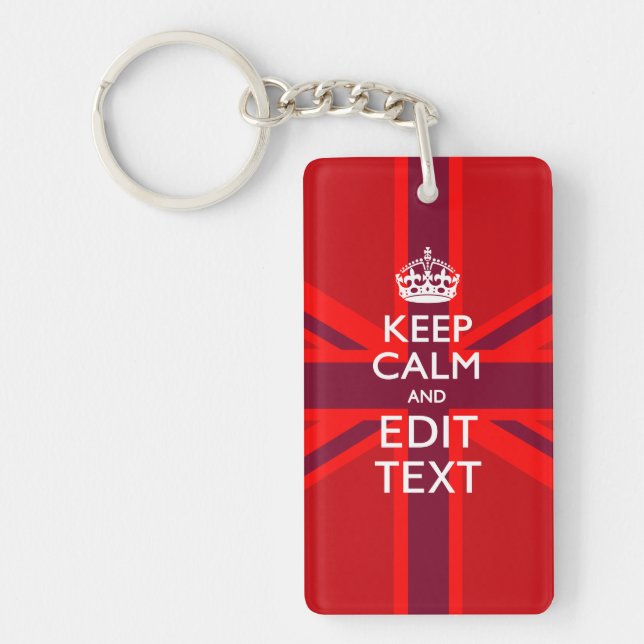 Red Keep Calm Have Your Text on Union Jack Flag Keychain (Front)
