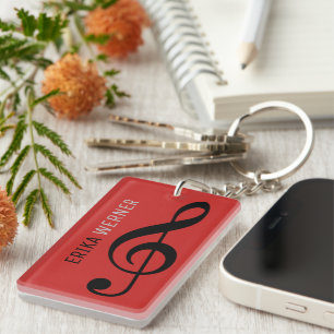 Red Keychain with Treble Clef and Name 