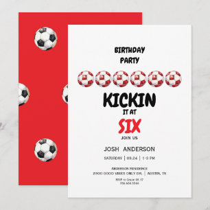Red Kickin it Soccer 6th Birthday Party Invitation