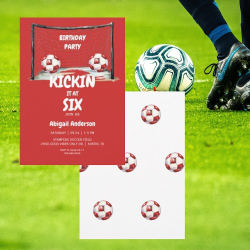 Red Kickin it Soccer Birthday Party Invitation
