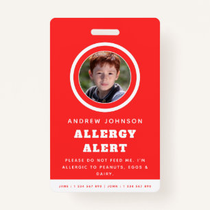 Red Kid Student Photo Food Allergy Alert Emergency Badge