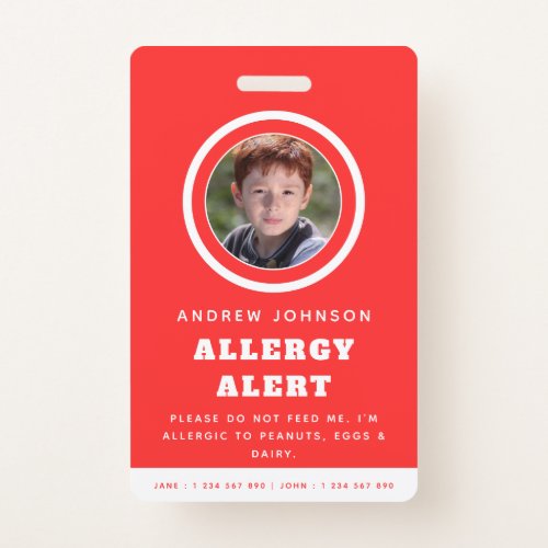 Red Kid Student Photo Food Allergy Alert Emergency Badge