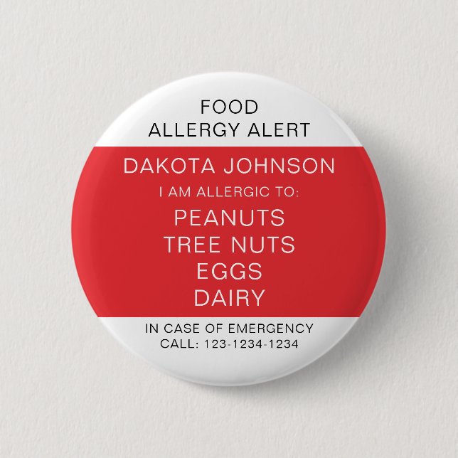 RED Kids Personalized Allergy I Am Allergic To  Button (Front)