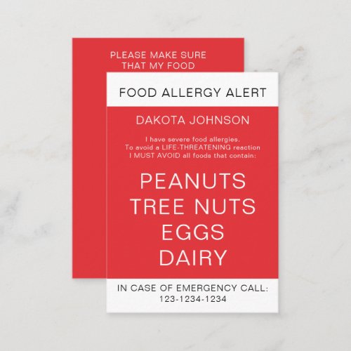 Red Kids Personalized Food Allergy Alert Card