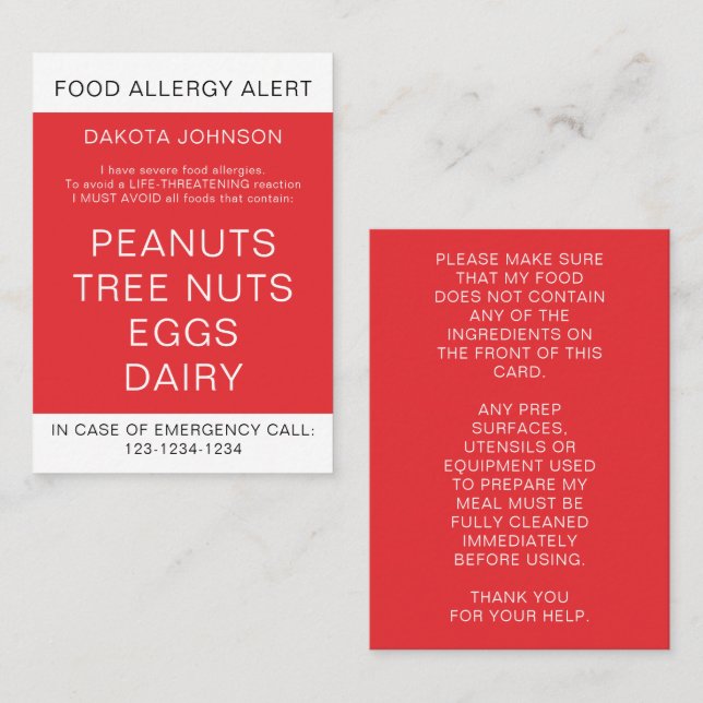 Red Kid's Personalized Food Allergy Alert Card (Front/Back)