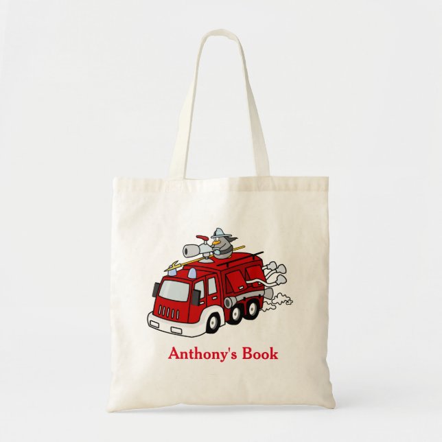 Red Kids Personalized Name Fire Engine Tote Bag (Front)