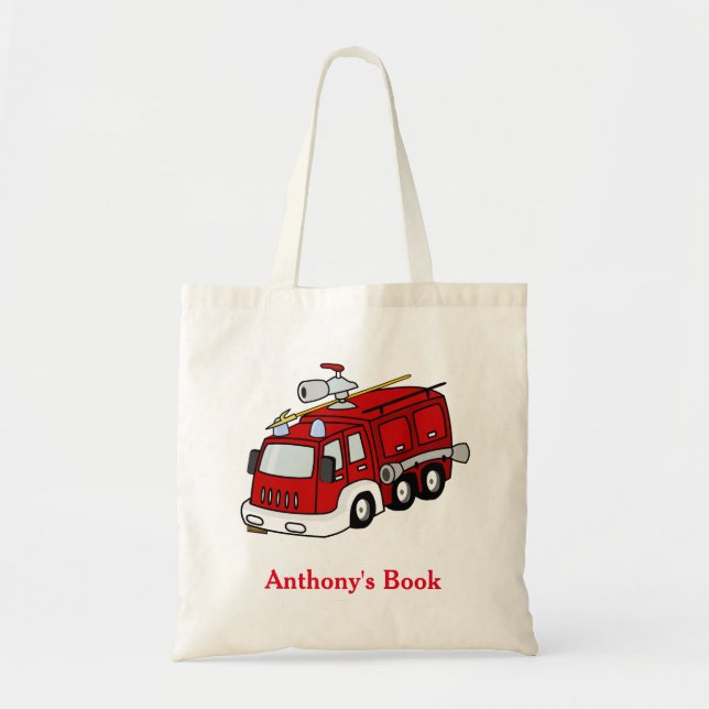 Red Kids Personalized Name Fire Engine Tote Bag (Front)