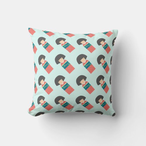 Red_Kimono Doll_mint back Throw Pillow