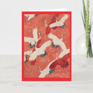 Red Kimono Flying Cranes Customizable Gold Letterpress Thank You Card