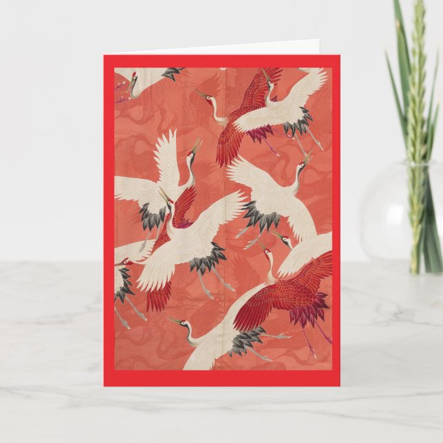 Red Kimono Flying Cranes Customizable Gold Thank You Card (Front)