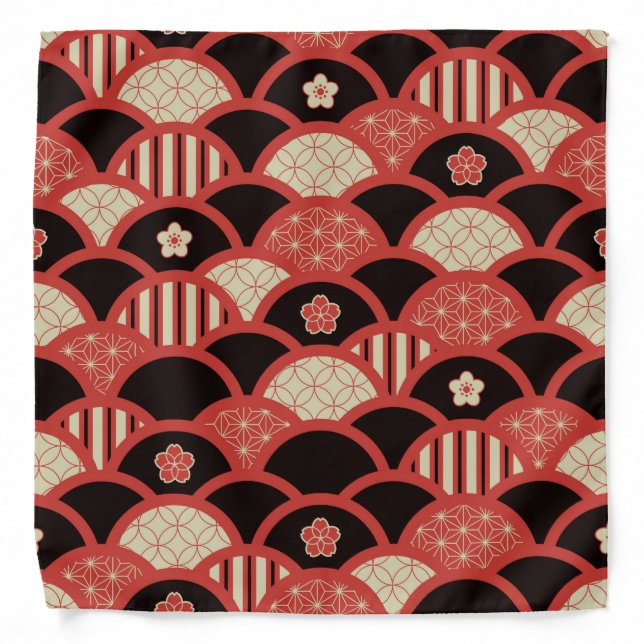 Red Kimono pattern textured waves style Bandana (Front)