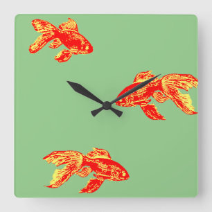 red kingyo square wall clock