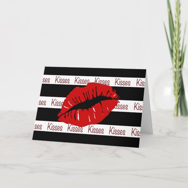 Red Kiss Lips B/W Stripes Greeting Card (Front)