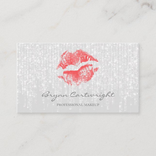 Red Kiss Lips with Subtle Twinkle Lights Makeup Business Card (Front)