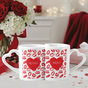 Red Kiss Pattern Red Hearts Nesting Couple's Coffee Mug Set