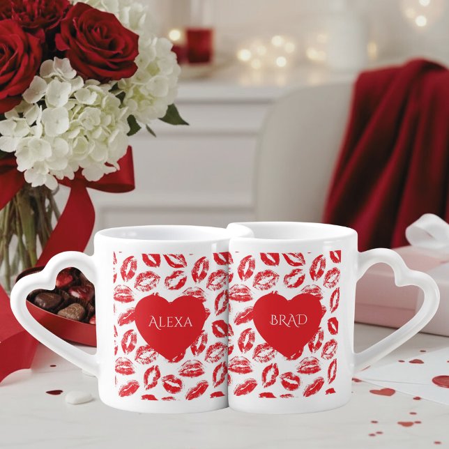 Red Kiss Pattern Red Hearts Nesting Couple's Coffee Mug Set (Creator Uploaded)