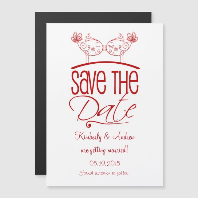 Red Kissing Birds Magnetic Save the Date Invitation (Front/Back)
