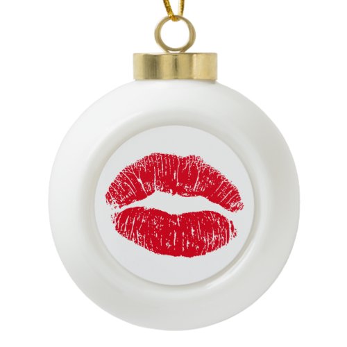 Red Kissing Lips Ceramic Ball Christmas Ornament
