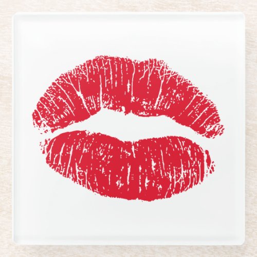 Red Kissing Lips Glass Coaster