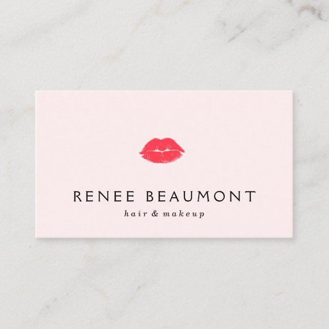 Red Kissing Lips Light Pink Makeup Artist Business Card (Front)