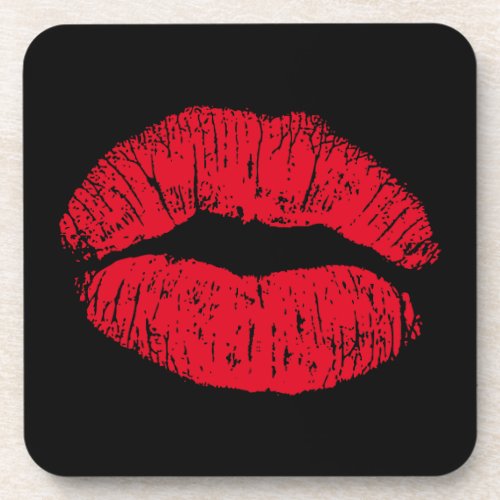 Red Kissing Lips on Black Beverage Coaster