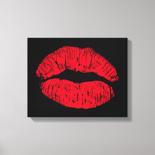 Red Kissing Lips on Black Canvas Print