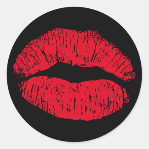 Red Kissing Lips on Black Classic Round Sticker