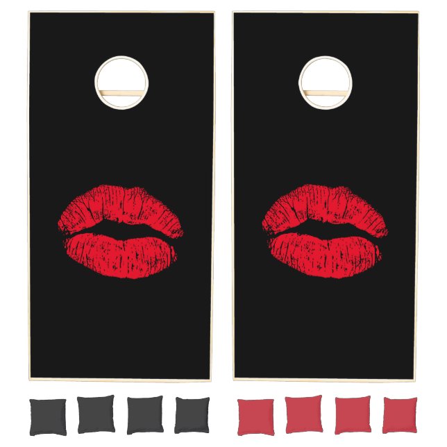 Red Kissing Lips on Black Cornhole Set (Set)