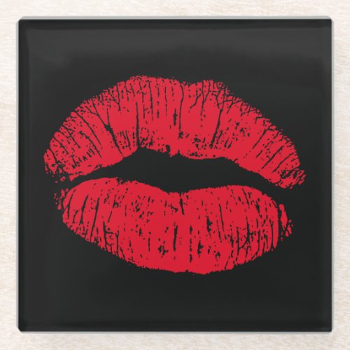 Red Kissing Lips on Black Glass Coaster