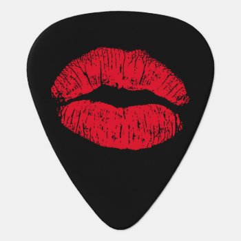 Red Kissing Lips On Black Guitar Pick by GigaPacket at Zazzle