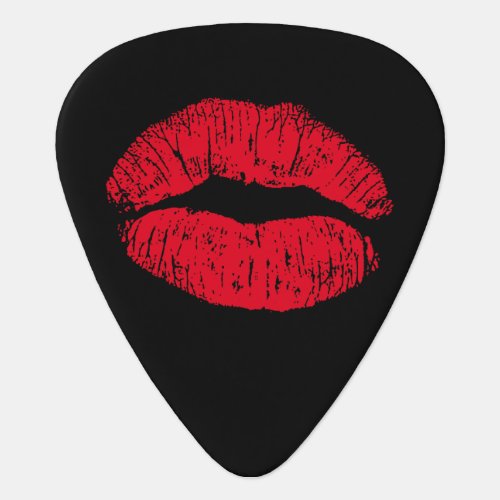 Red Kissing Lips on Black Guitar Pick