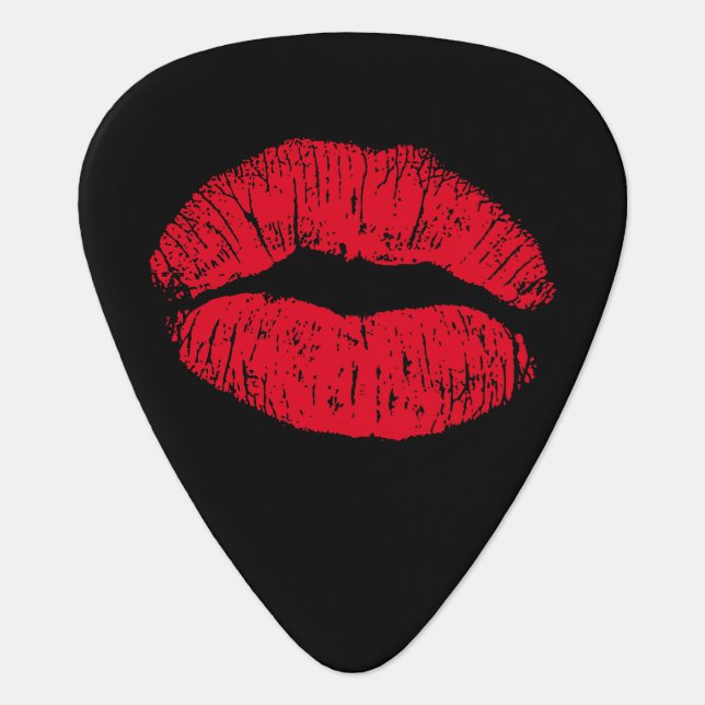 Red Kissing Lips on Black Guitar Pick (Front)